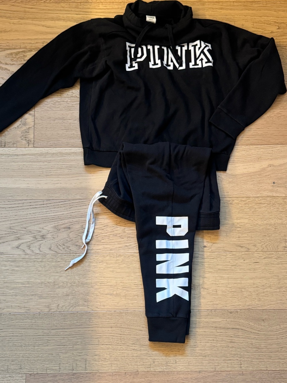 Victoria’s Secret PINK Black Logo Hoodie Jogger Sweatpants Set Size Large